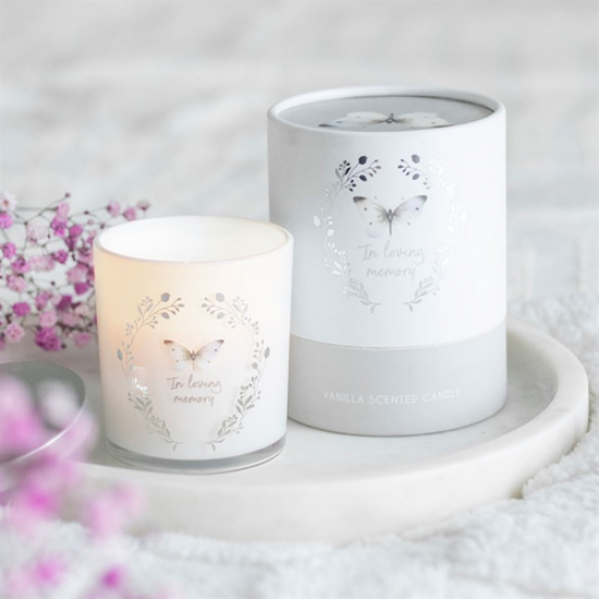 IN LOVING MEMORY WHITE BUTTERFLY VANILLA CANDLE